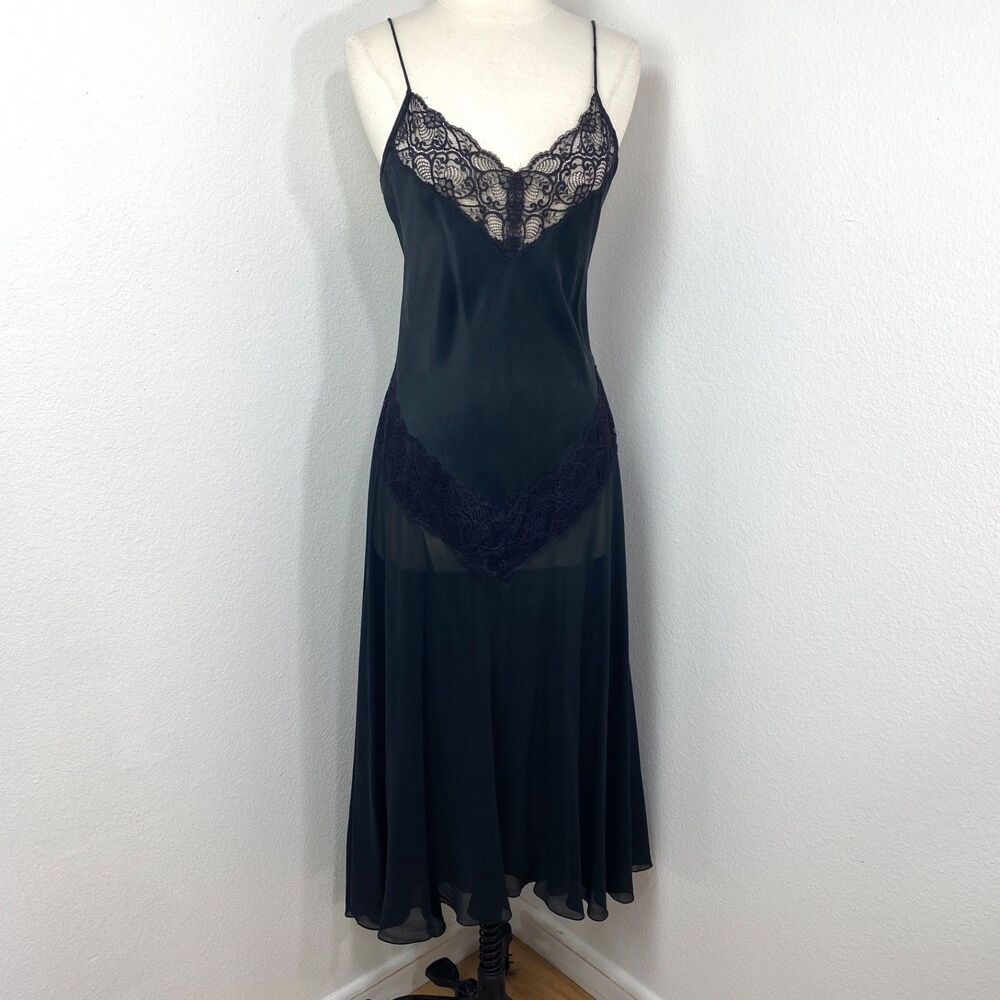 Black Silky Lingerie Nightgown Med Maxi Bias Cut Flare Lace Chiffon Sexy Boudoir